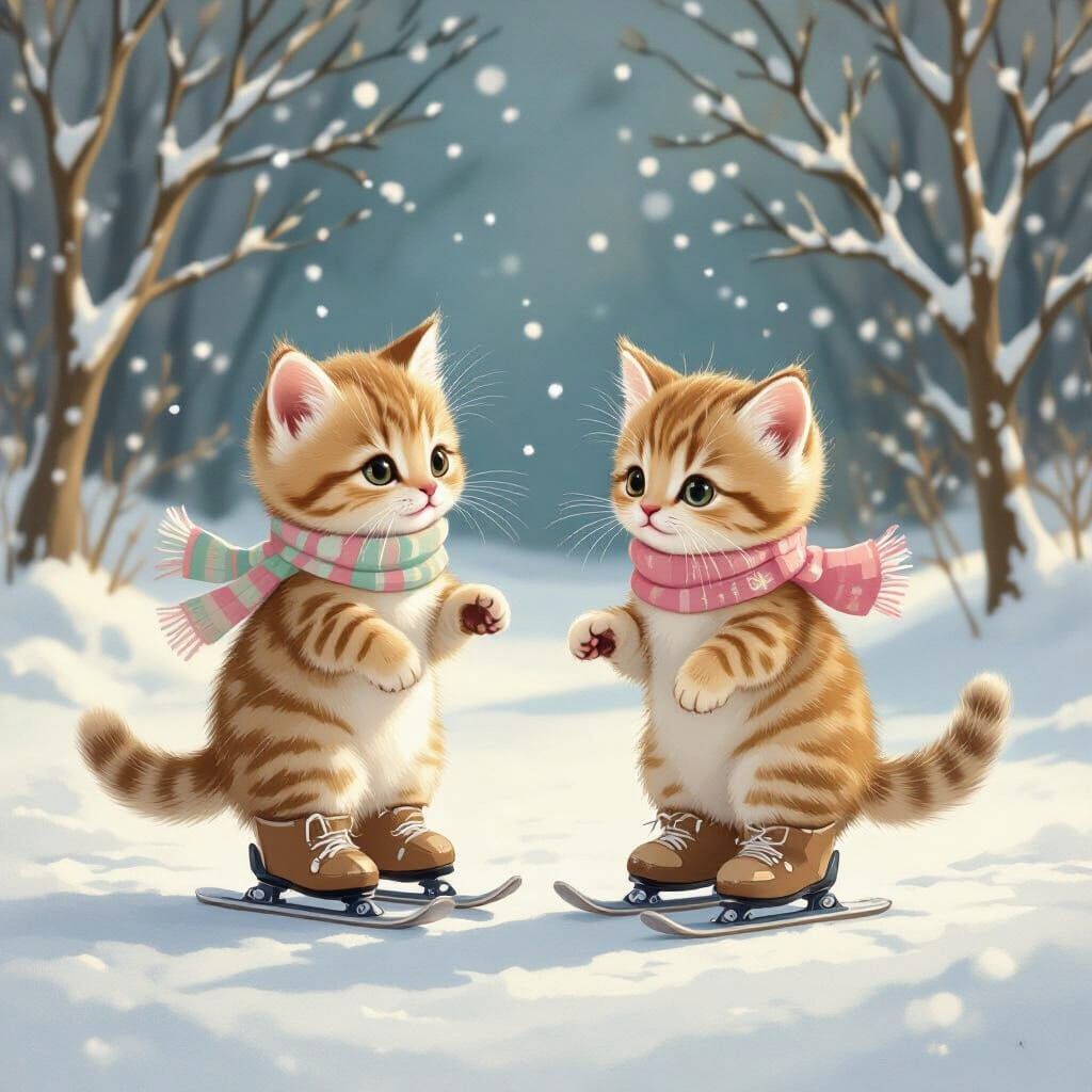 Two Kittens Ice Skating in Pastel Scarves