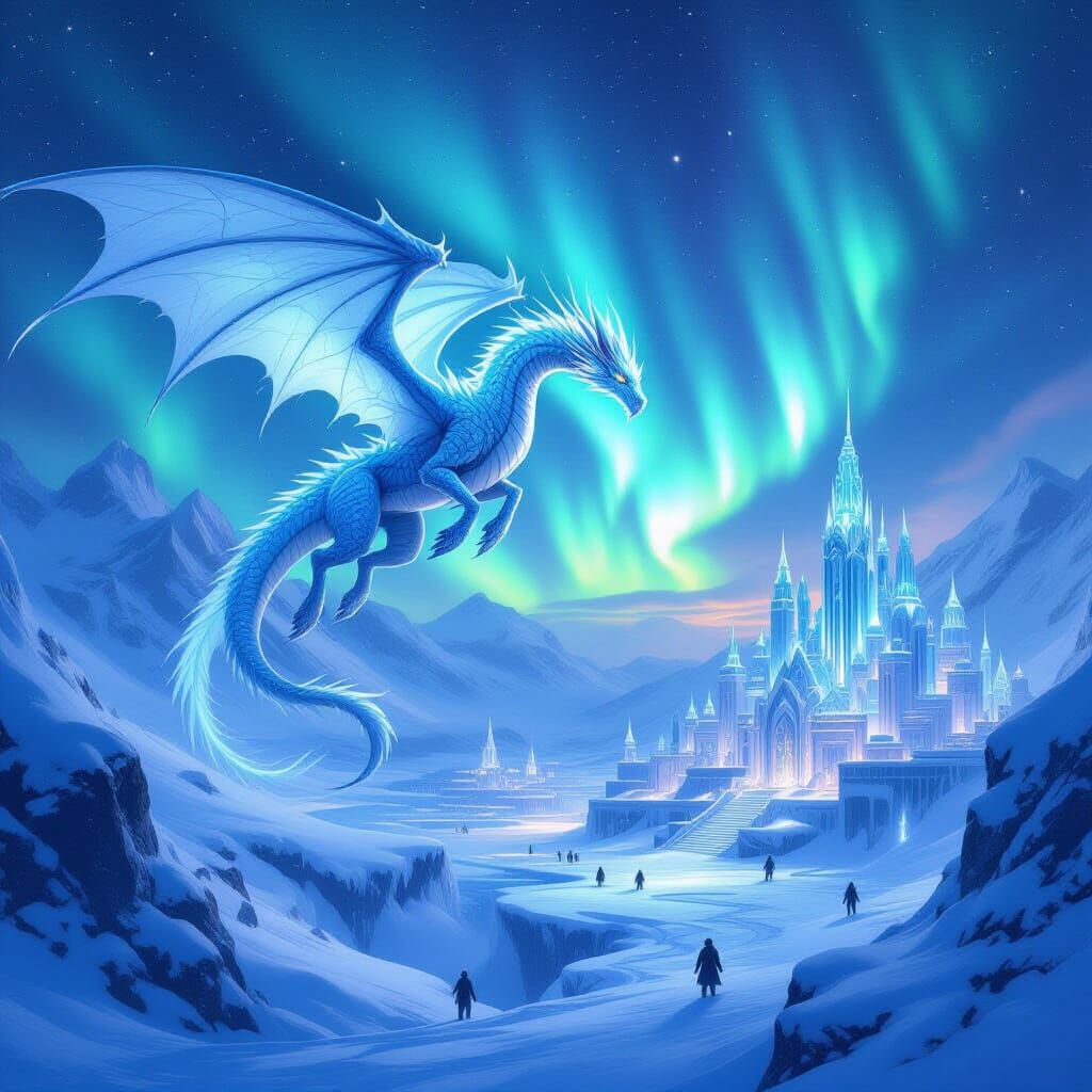 Majestic Ice Dragon Over Snowy War, Northern Lights
