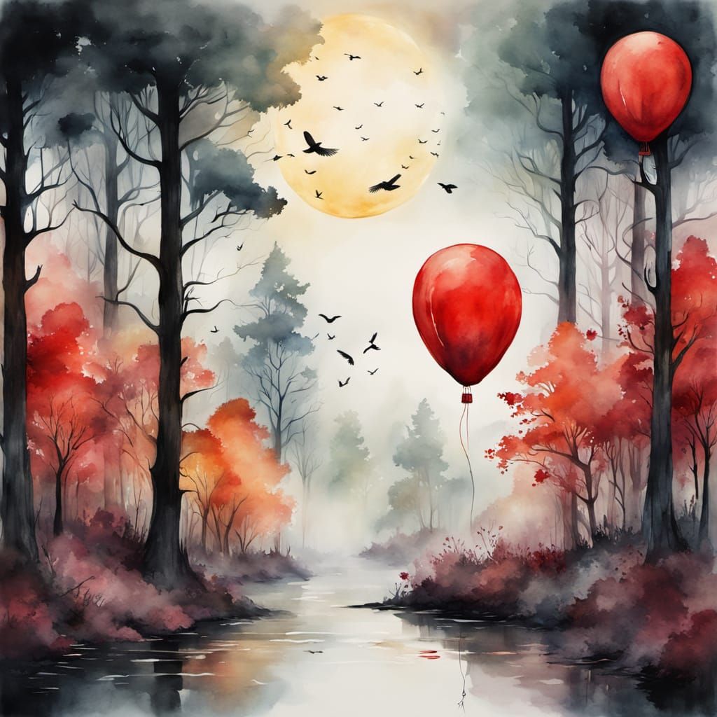 Whimsical Watercolor of a Lonely Red Balloon