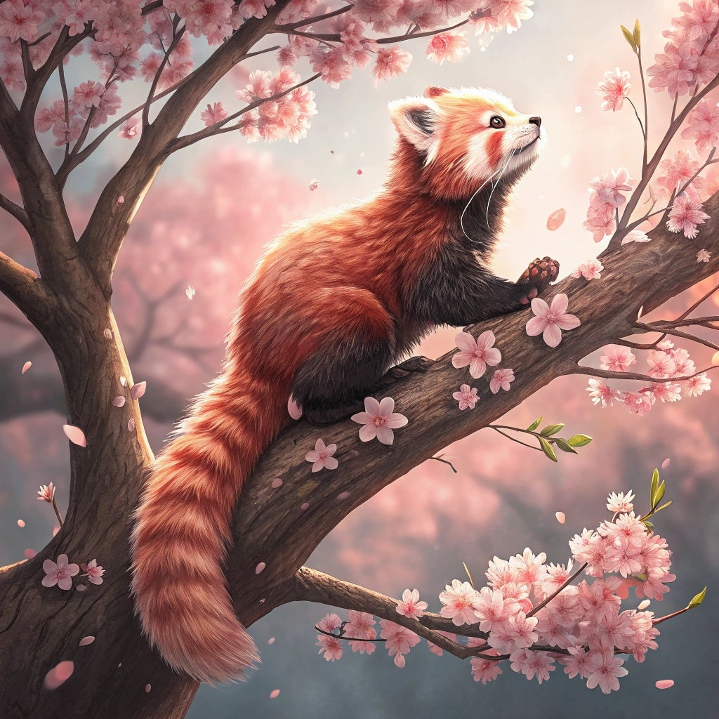 Red Panda in Sakura Tree with Cherry Blossoms
