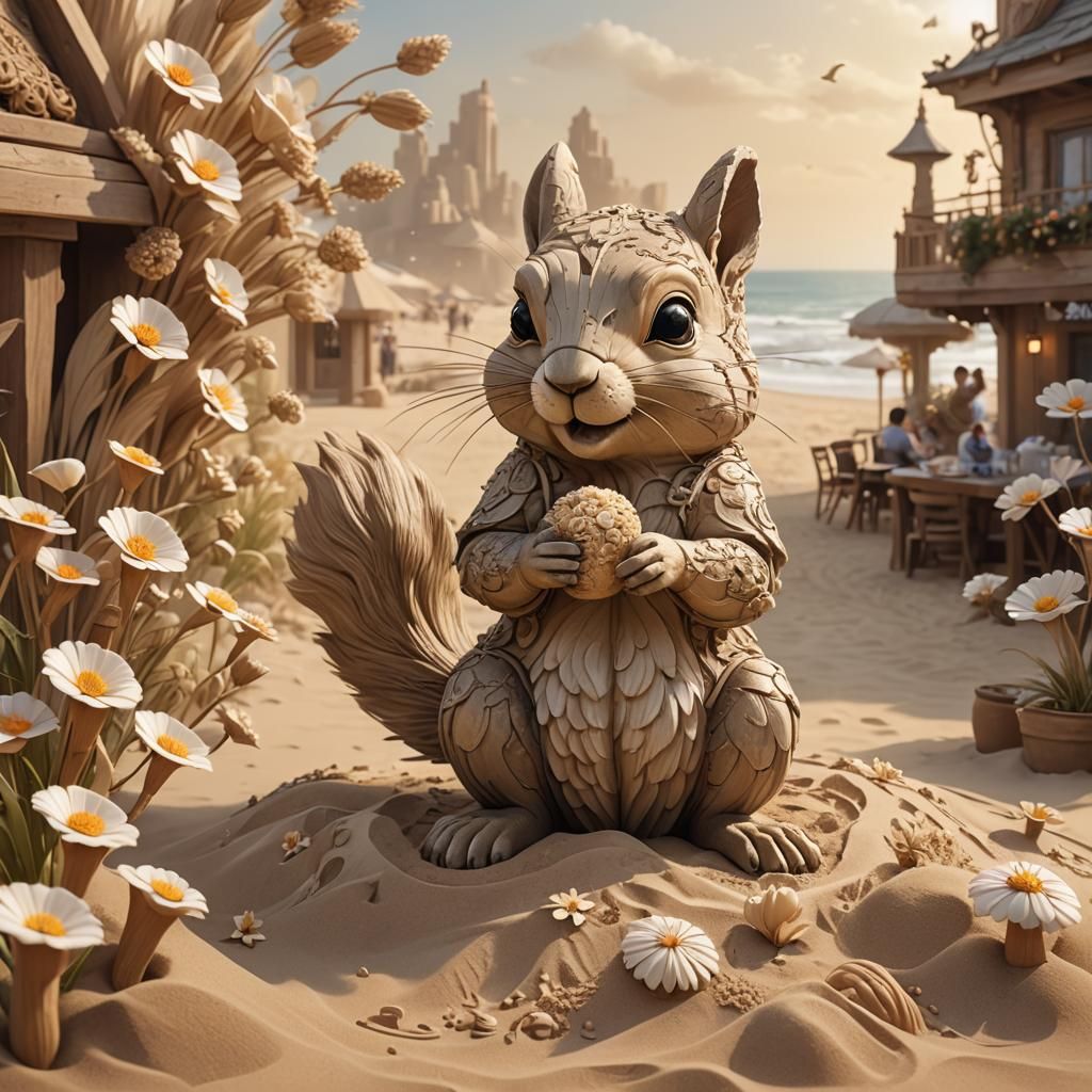 Zen Beach: Sand Squirrel Sculpture in 3D