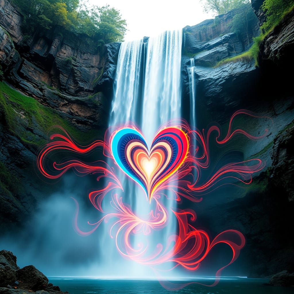 Majestic Waterfall Double Exposure with Glowing Heart