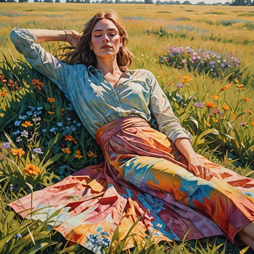 Woman in Tie-Dye Lounges in Field: Impressionist Oil Paintin...