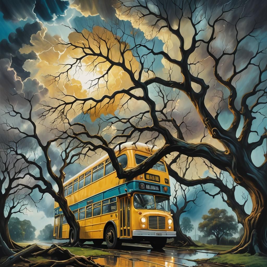Surreal Stormy Bus Crash in Dreamy Soft Colors