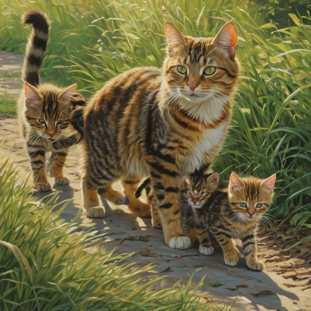 Tabby Cat Family in Grassy Yard: European Realism