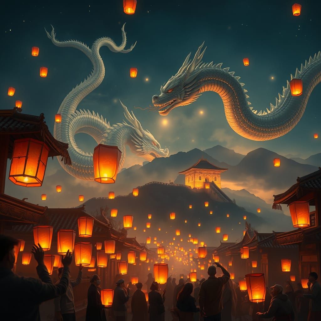 Villagers Release Glowing Lanterns Under Mythical Dragons Ov...