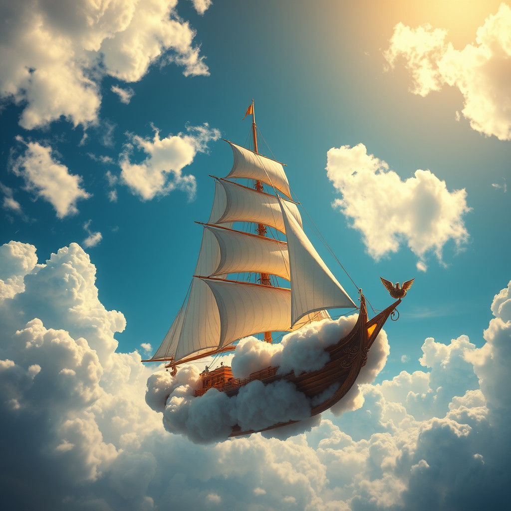 Ethereal Sailboat with Cloud Sails in Golden Light