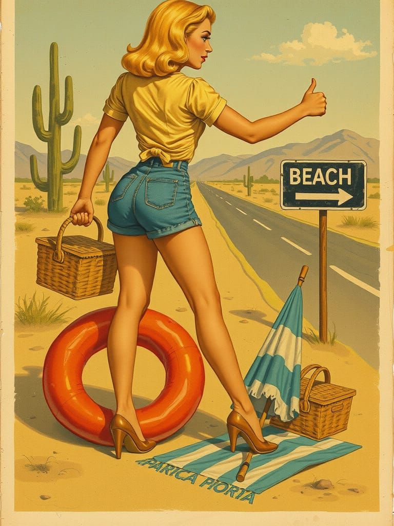 Blonde Pin-Up Hitchhiking in 60s Vintage Style