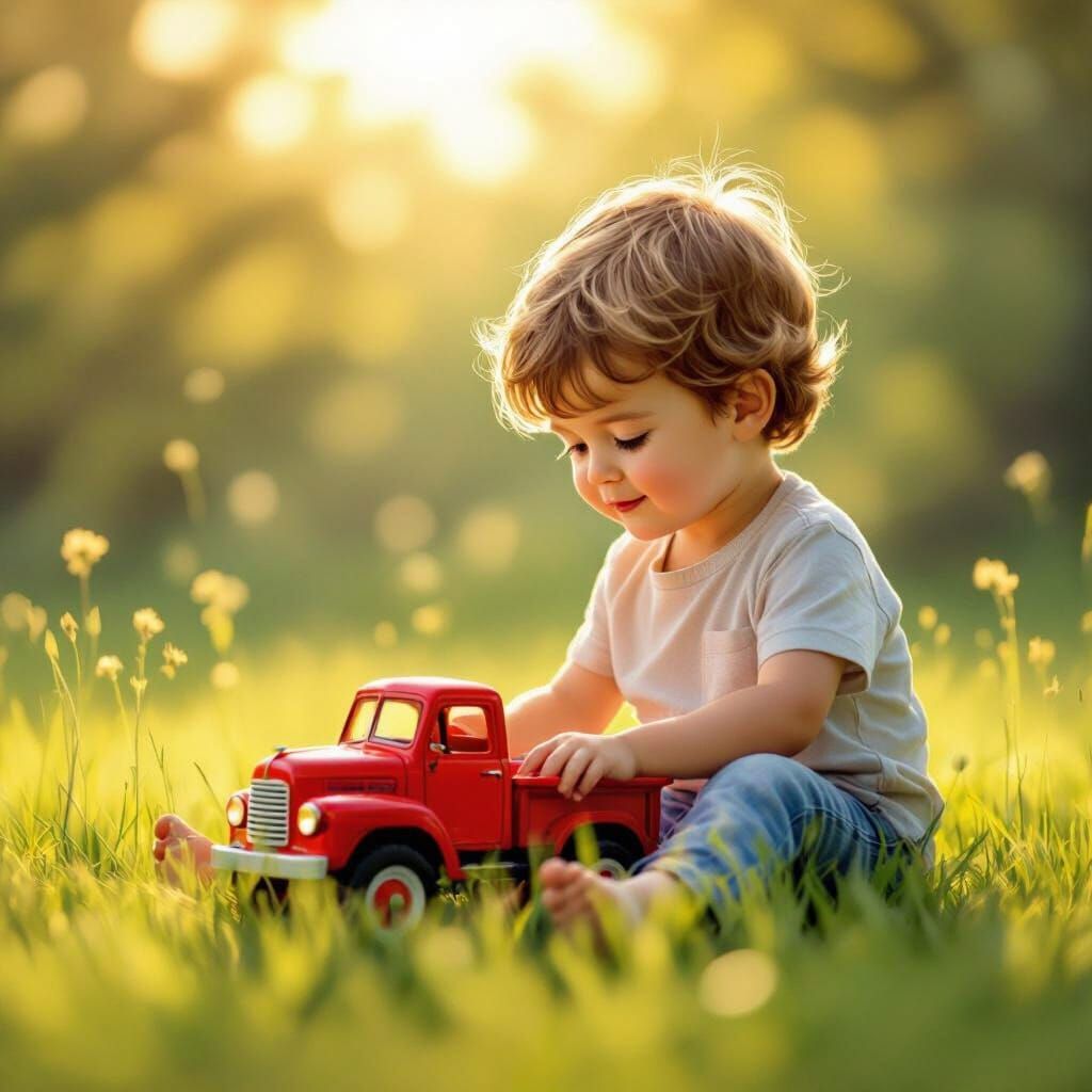 Boy Plays With Red Toy Truck in Sunny Field