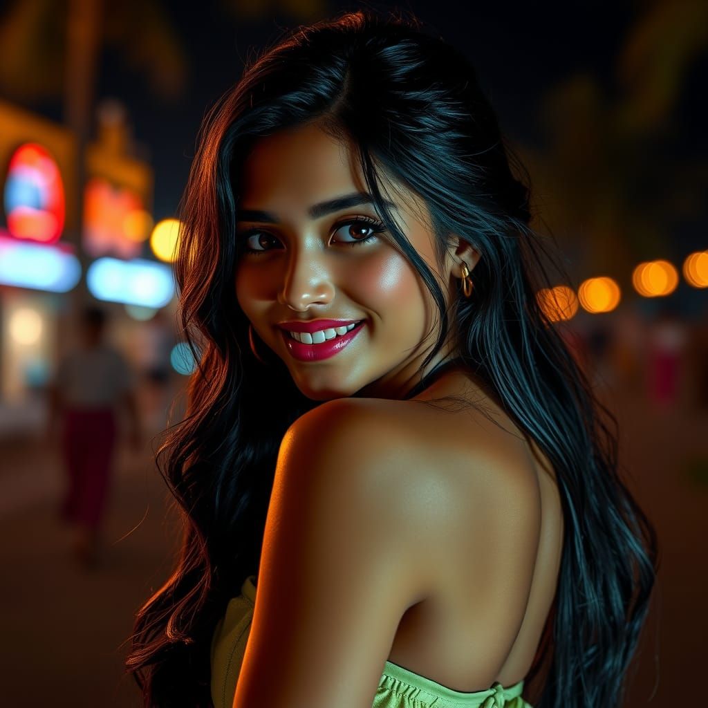 Elegant Hawaiian Girl in Mini Dress at Night