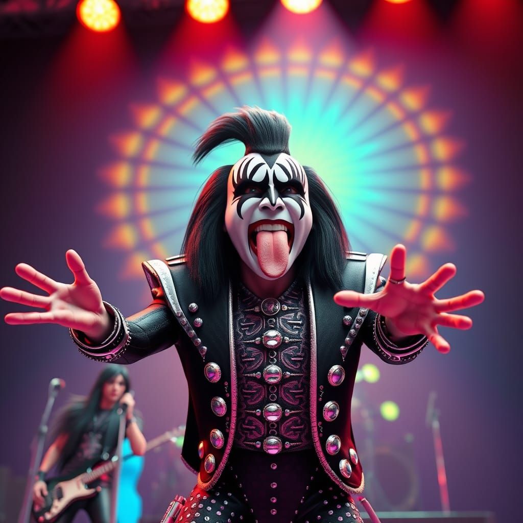 Rock Legend in Iconic Makeup, Tongue Outstretched on Stage