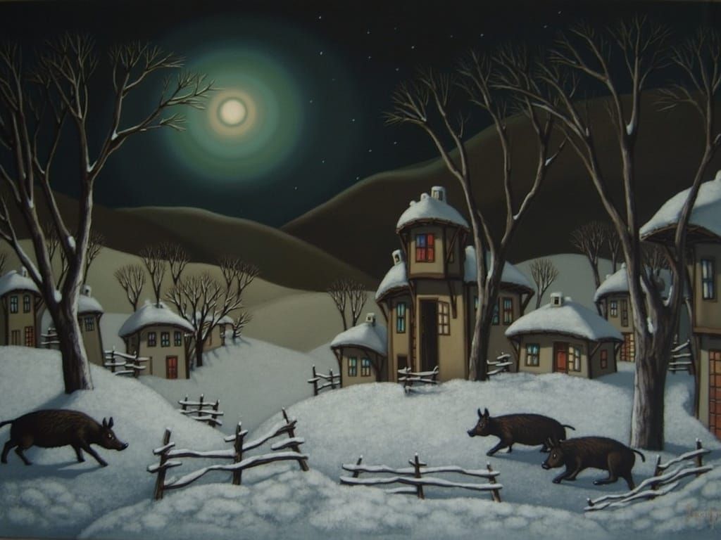 Winter Landscape with Wild Boars in Naive Art Style