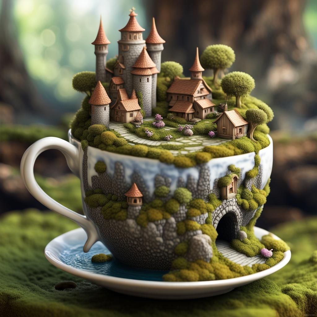 Miniature Kingdom Inside a Teacup, 3D Render