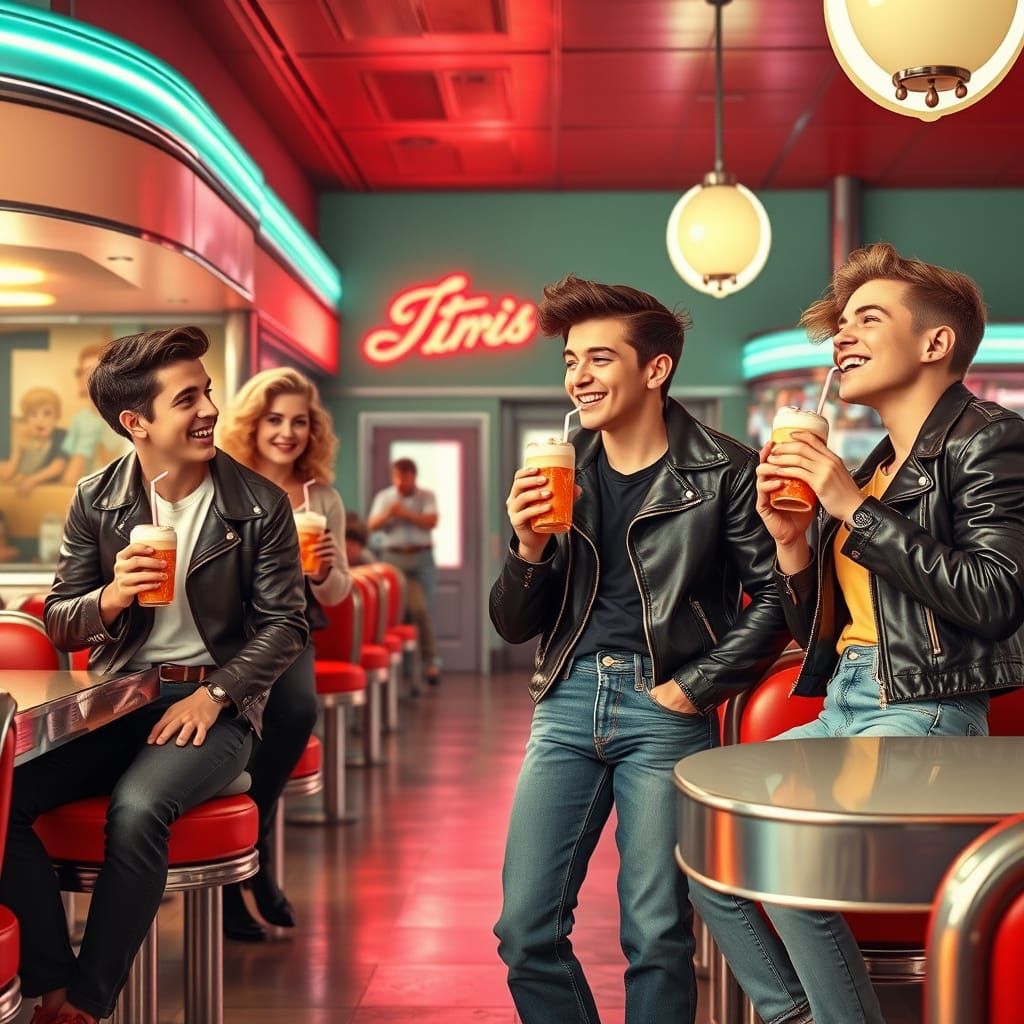 Greasers in a 1950s Diner, Retro Illustration