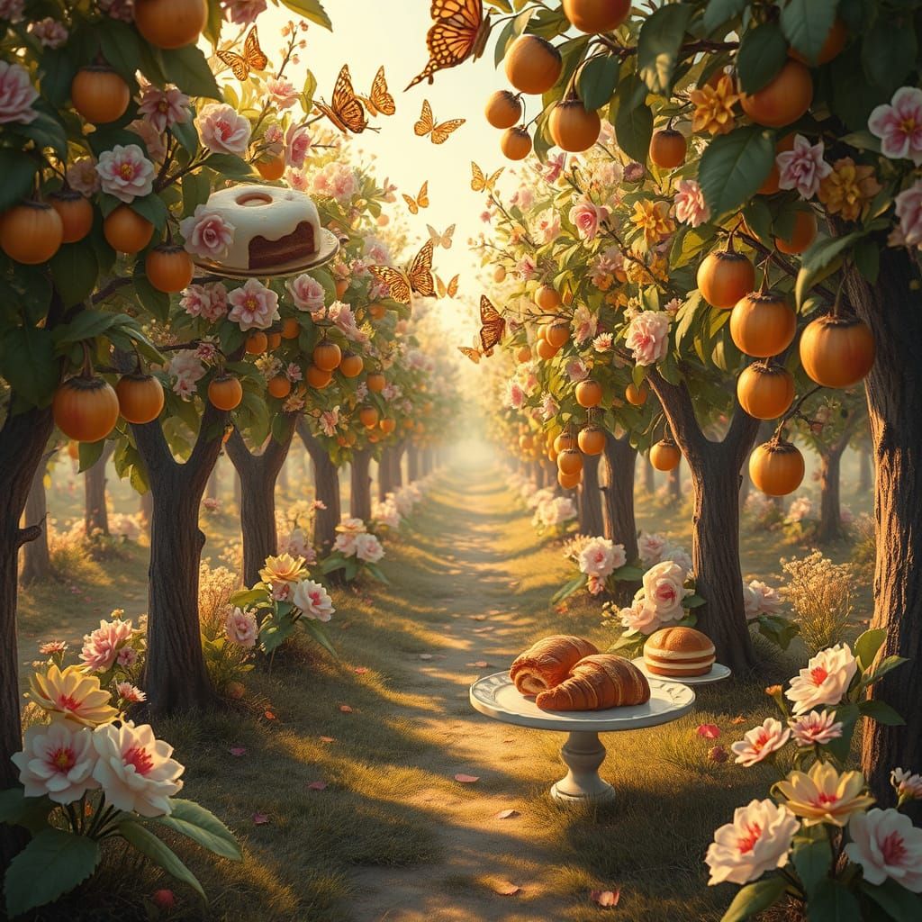 Magical Orchard of Pastries and Cakes in Golden Light