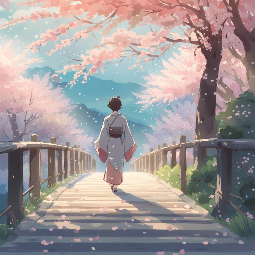 Japanese Woman Amidst Cherry Blossoms in Anime Style