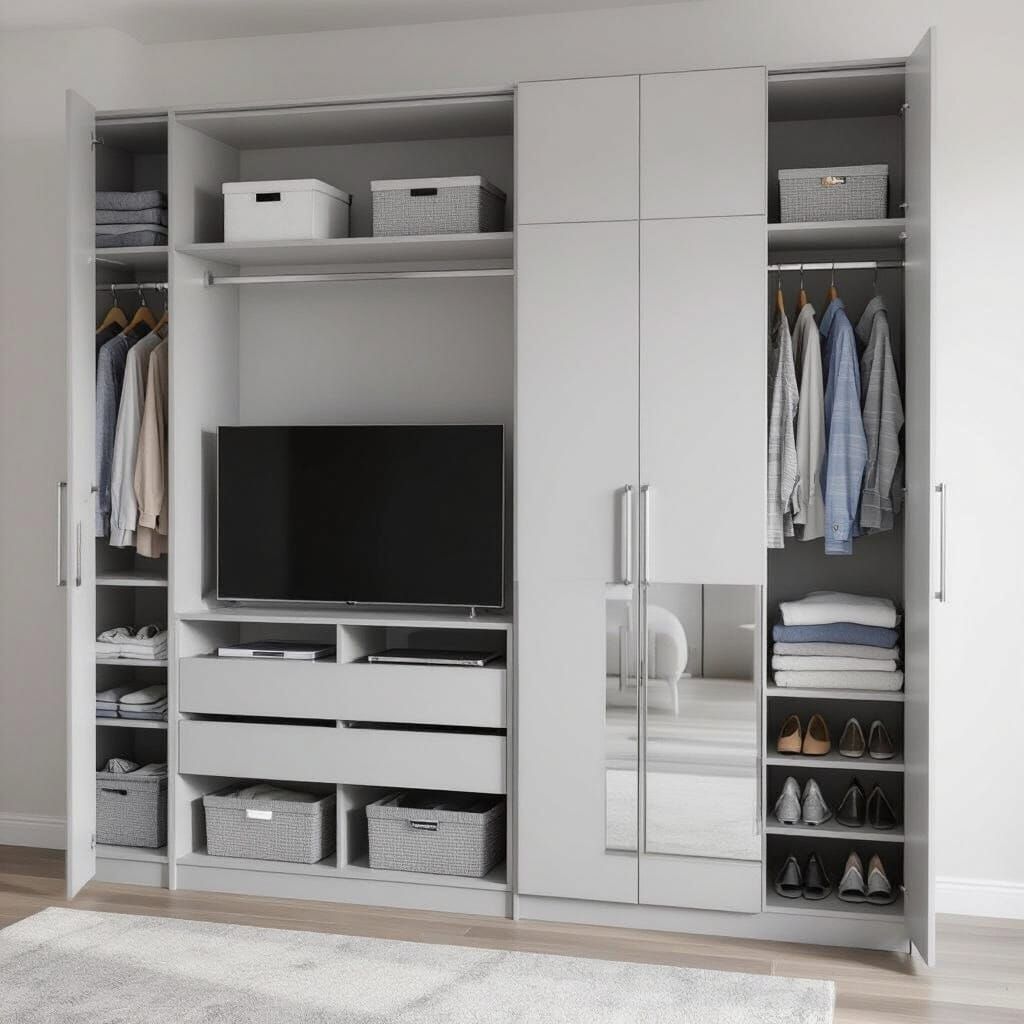Elegant Light Grey Modern Wardrobe with Entertainment Unit