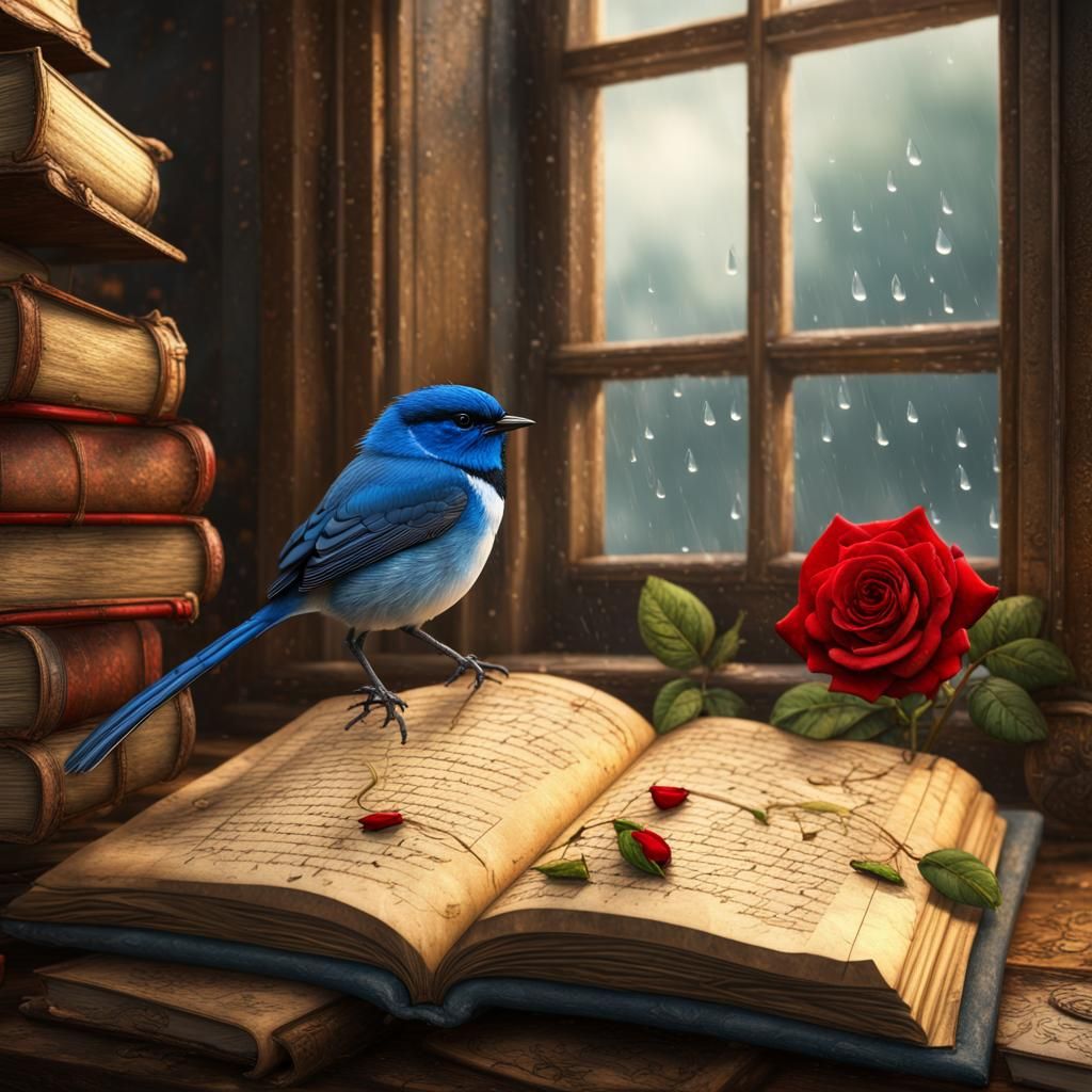 Fairy Wren and Rose in Detailed Fantasy Art