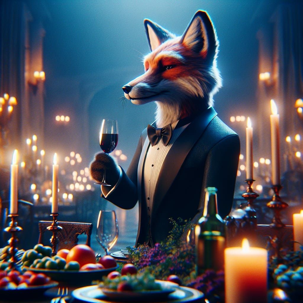 Fox in Tuxedo at Dinner Party as Matte Painting