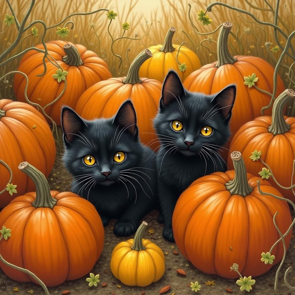 Black Cats Hide Among Autumn Pumpkins