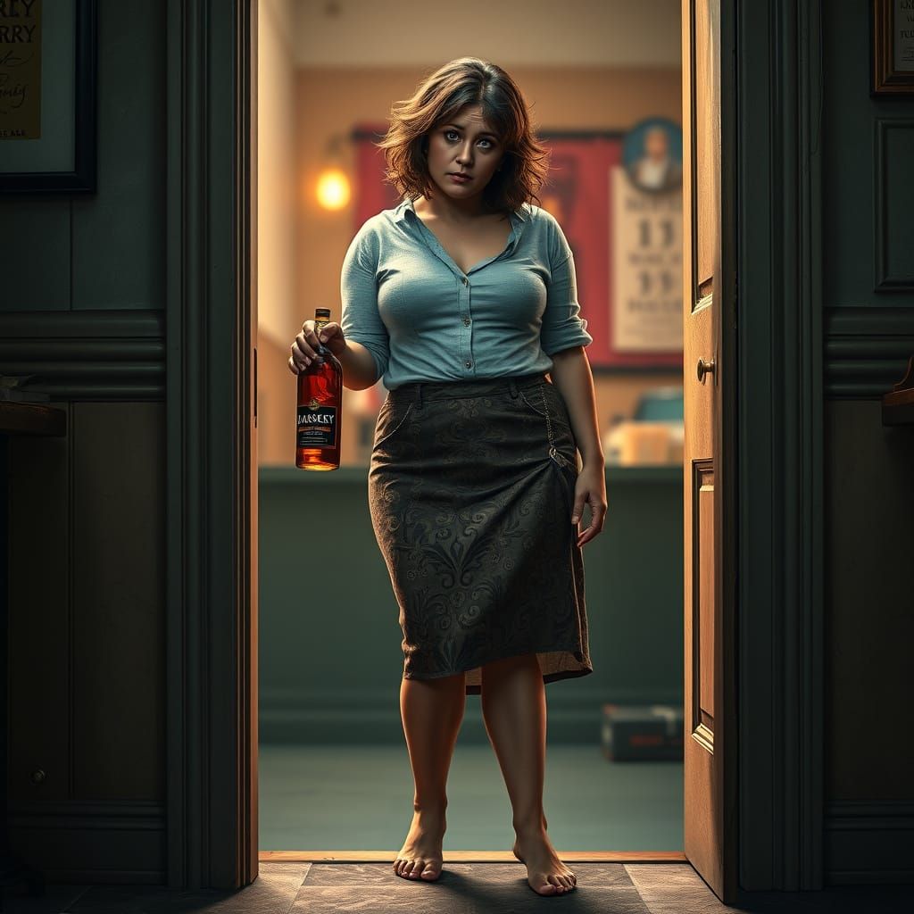 Drunk Woman in Doorway, Whiskey in Hand
