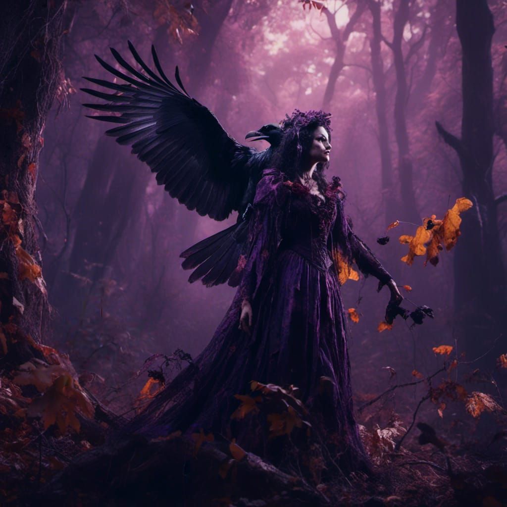 Dark Fairy and Crow in Purple Forest