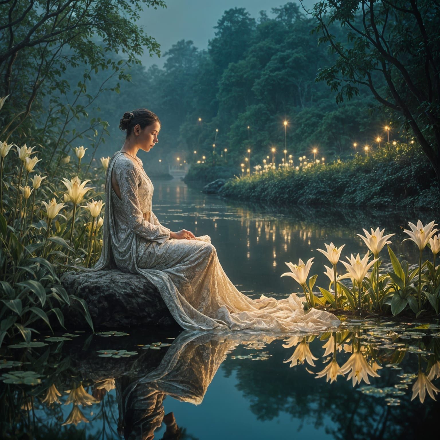 Woman with Glowing Lily in Neon Fantasy