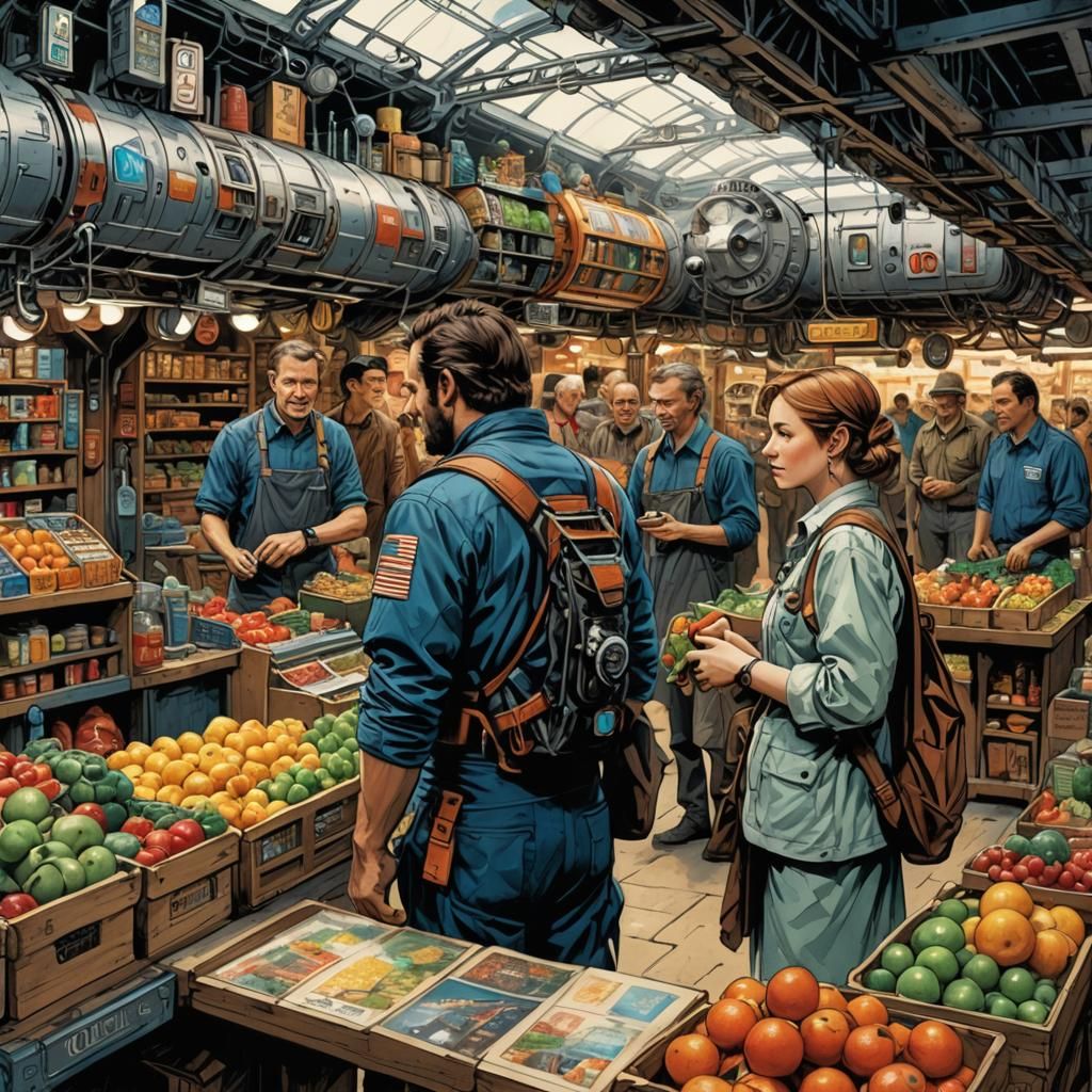 Retro-Futuristic Space Station Market in Triadic Colors