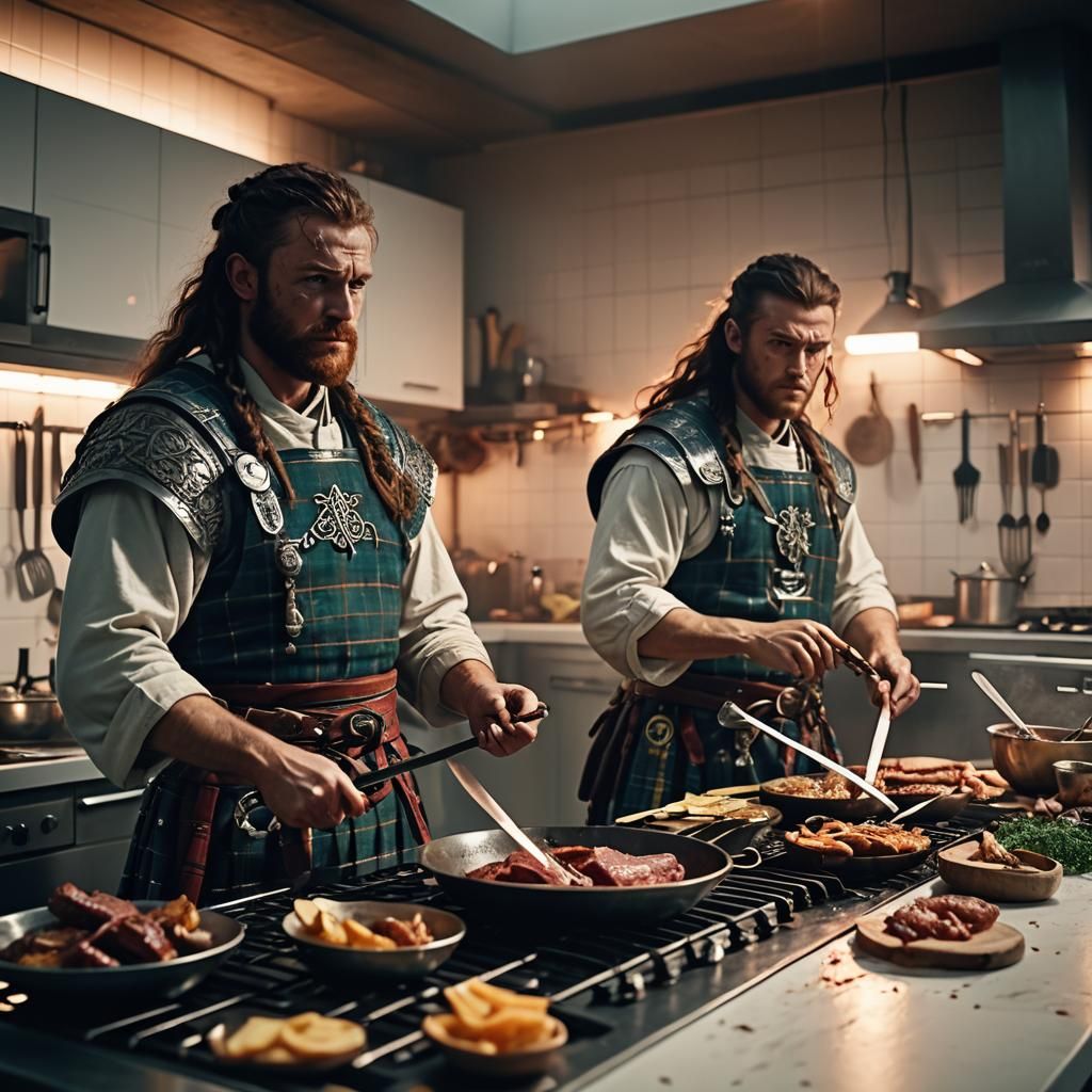 Celtic Warriors Cooking in Modern Kitchen with Neon Glow