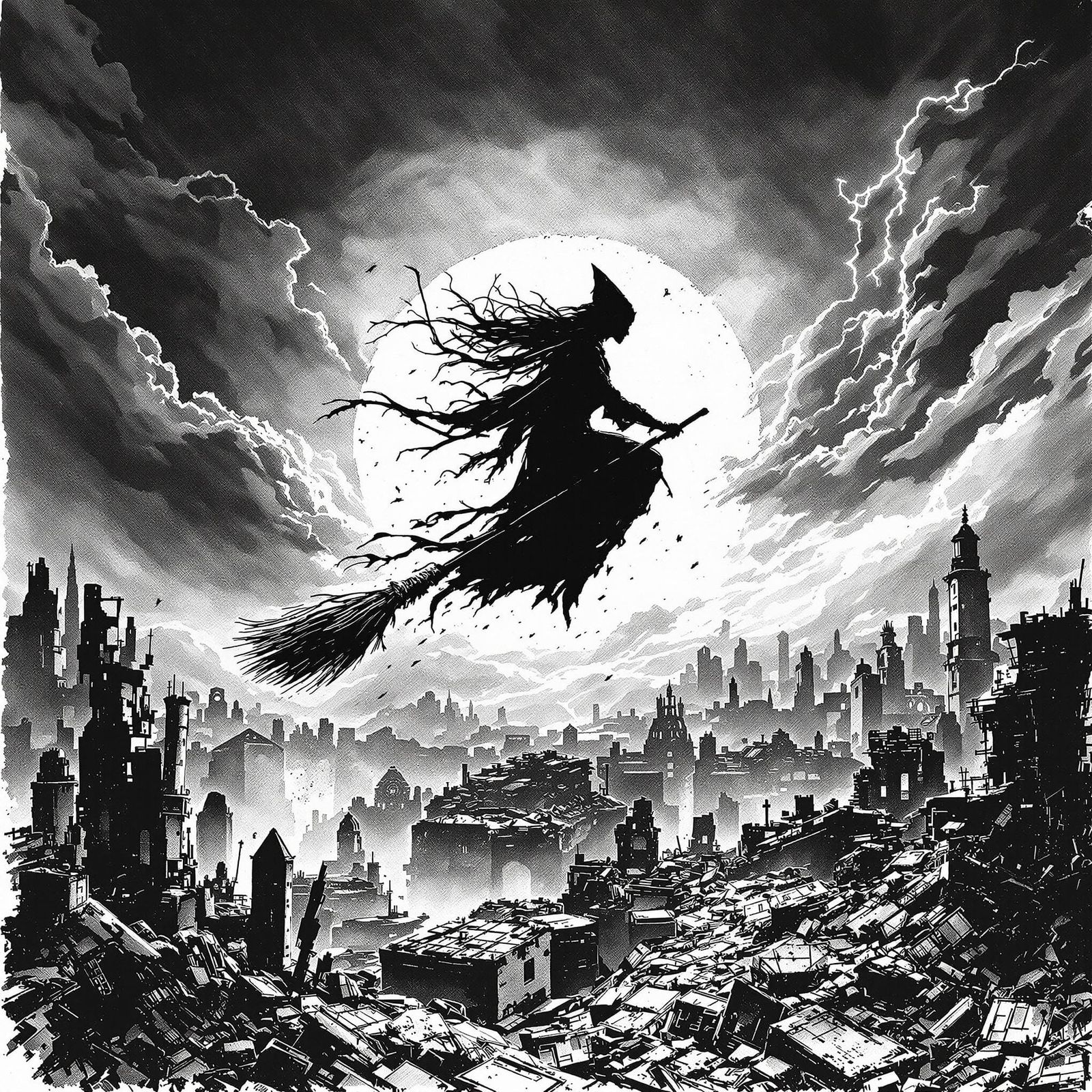 Witch Flies Over Ruined City in Ink Drawing