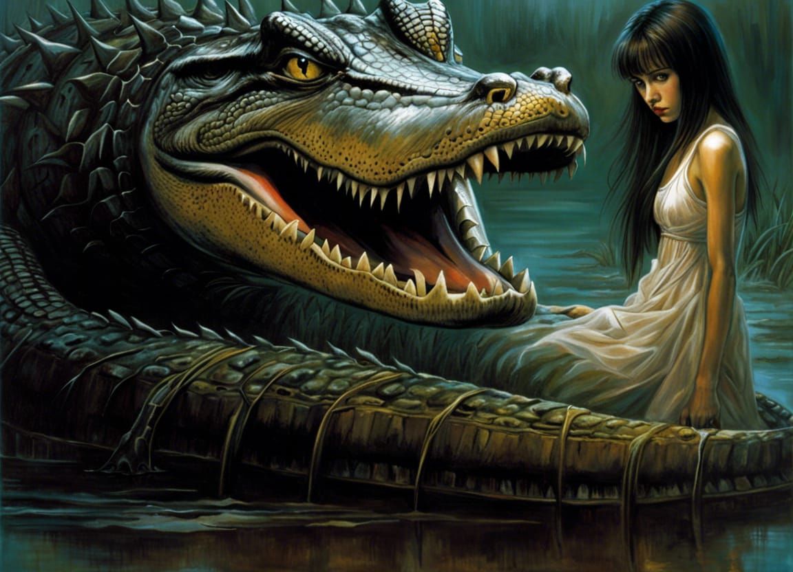 Girl and Alligator in Surreal Horror Style