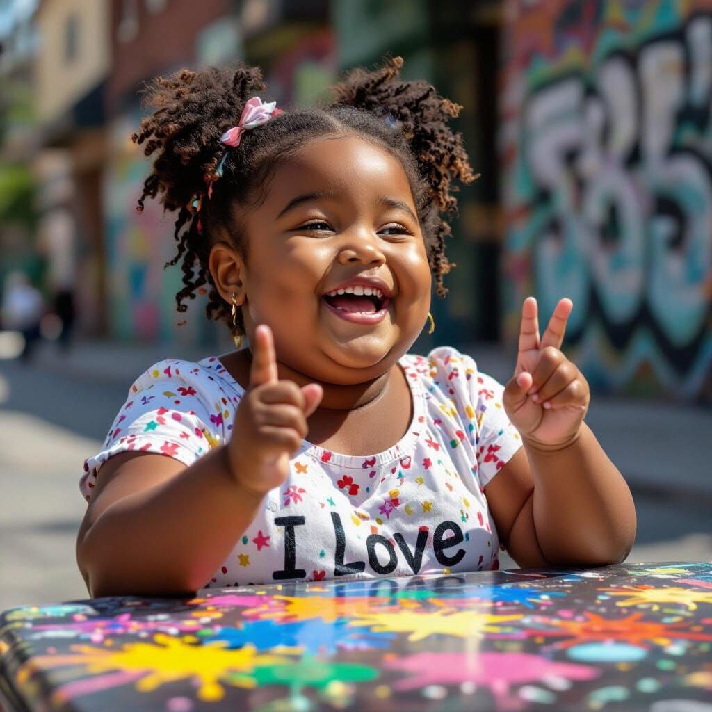 Little Girl Learning ASL in Colorful Graffiti Art Style