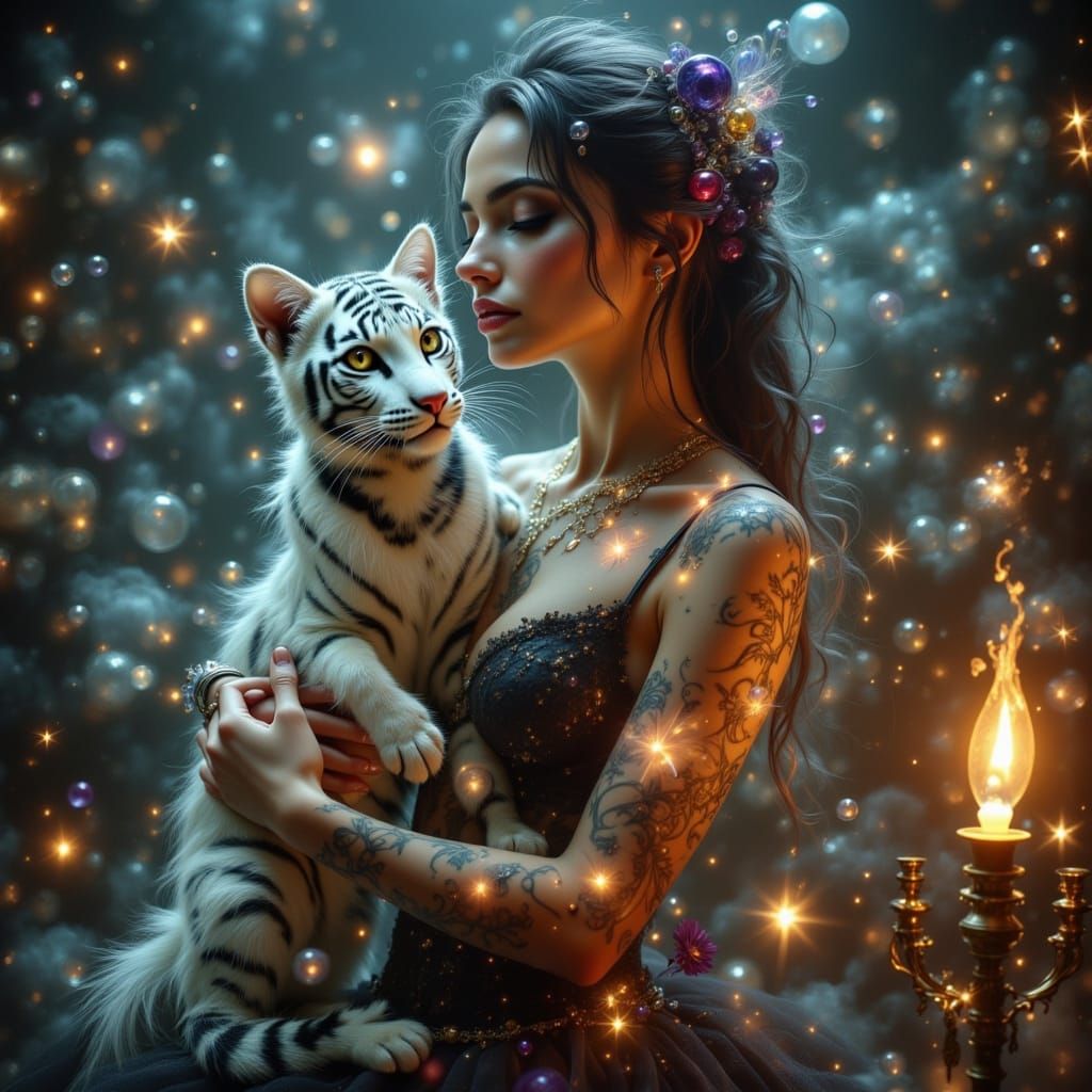 Ethereal Model with Tiger in Dreamy Style