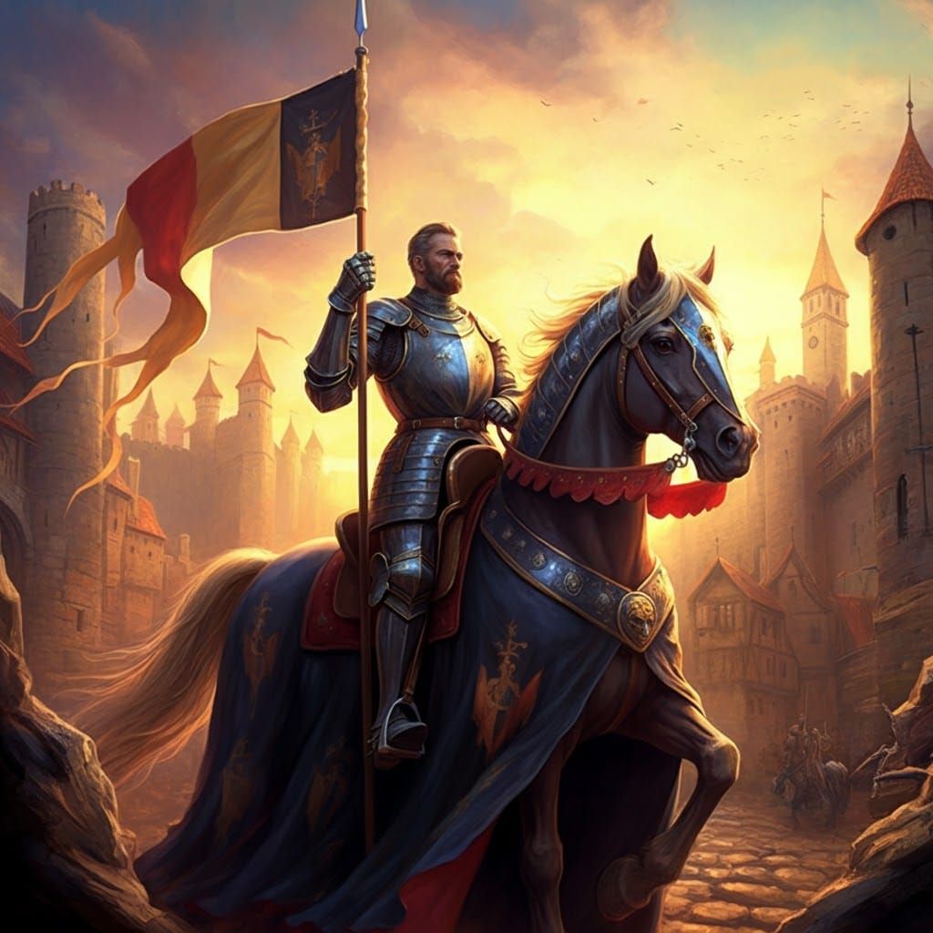 Knight on Horseback with Fluttering Flag in Sunlight