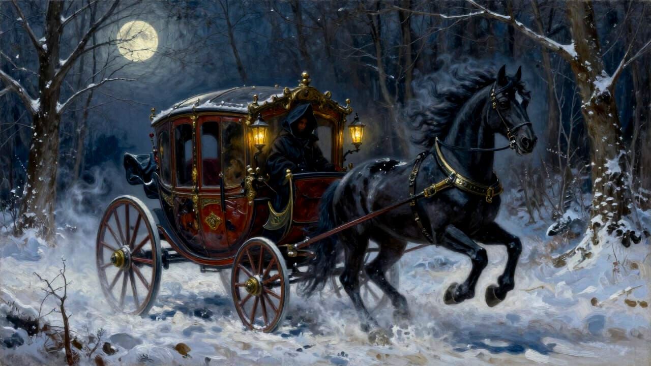 Ghostly Carriage in Snowy Forest Under Full Moon