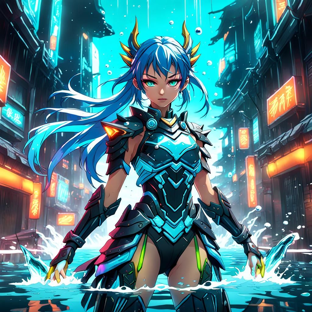 Neon Water Warrior Anime Girl in Detailed Matte Painting