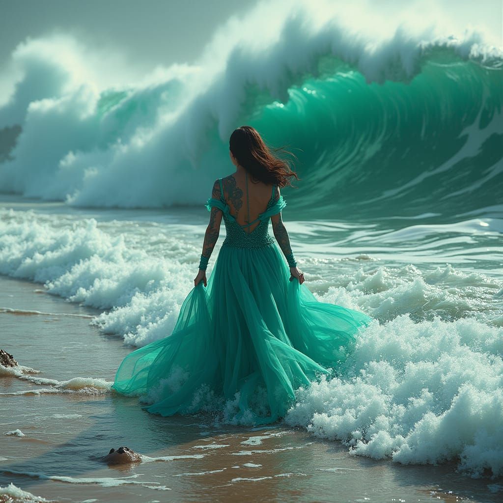 Woman Defying Crimson Wave: Matte Painting in Dystopian Styl...