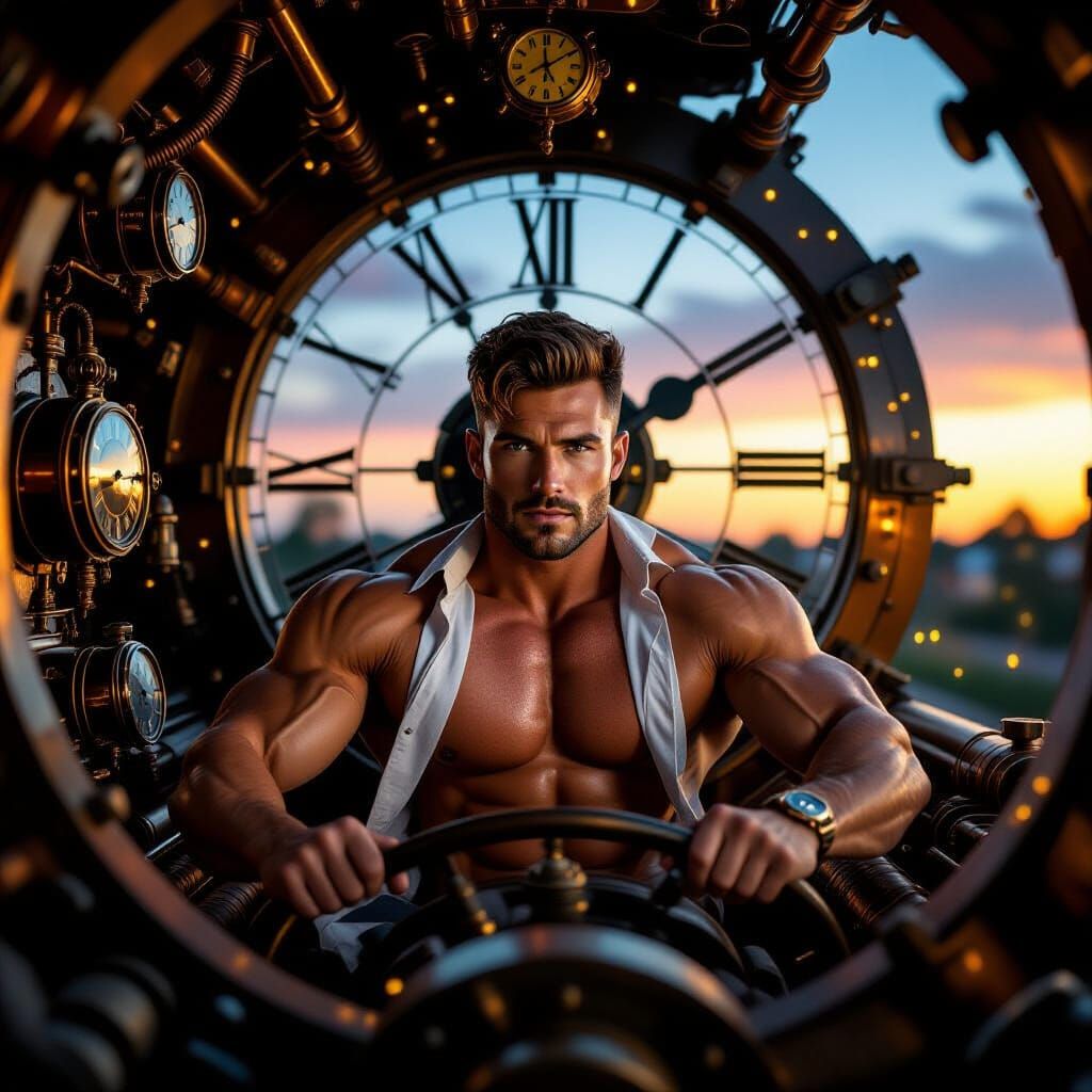 Muscular Man in Steampunk Time Machine