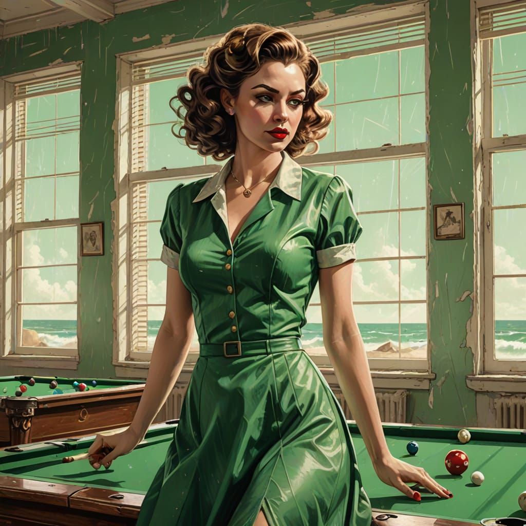 Pin-Up Woman Plays Billiards in Grunge Style