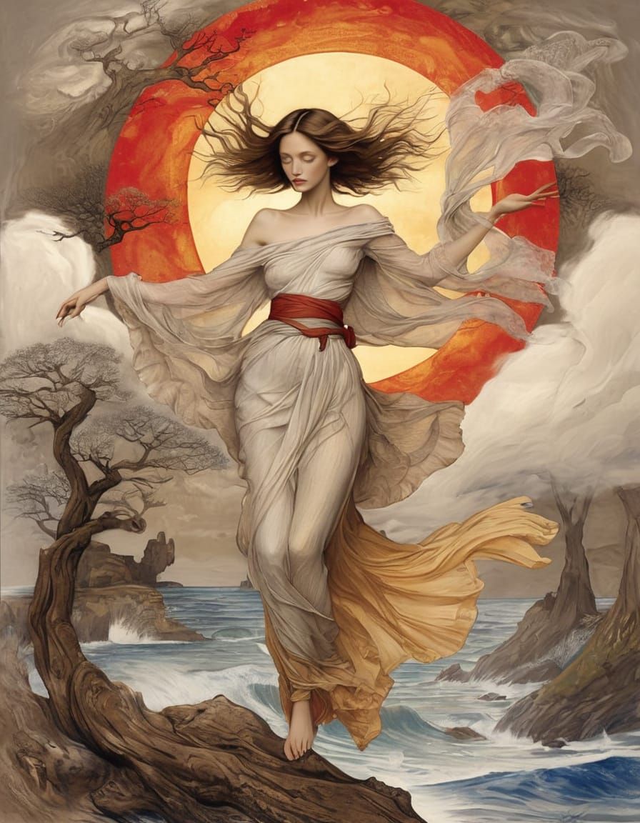 Muted Ink Painting of Old Tree with Red Sun