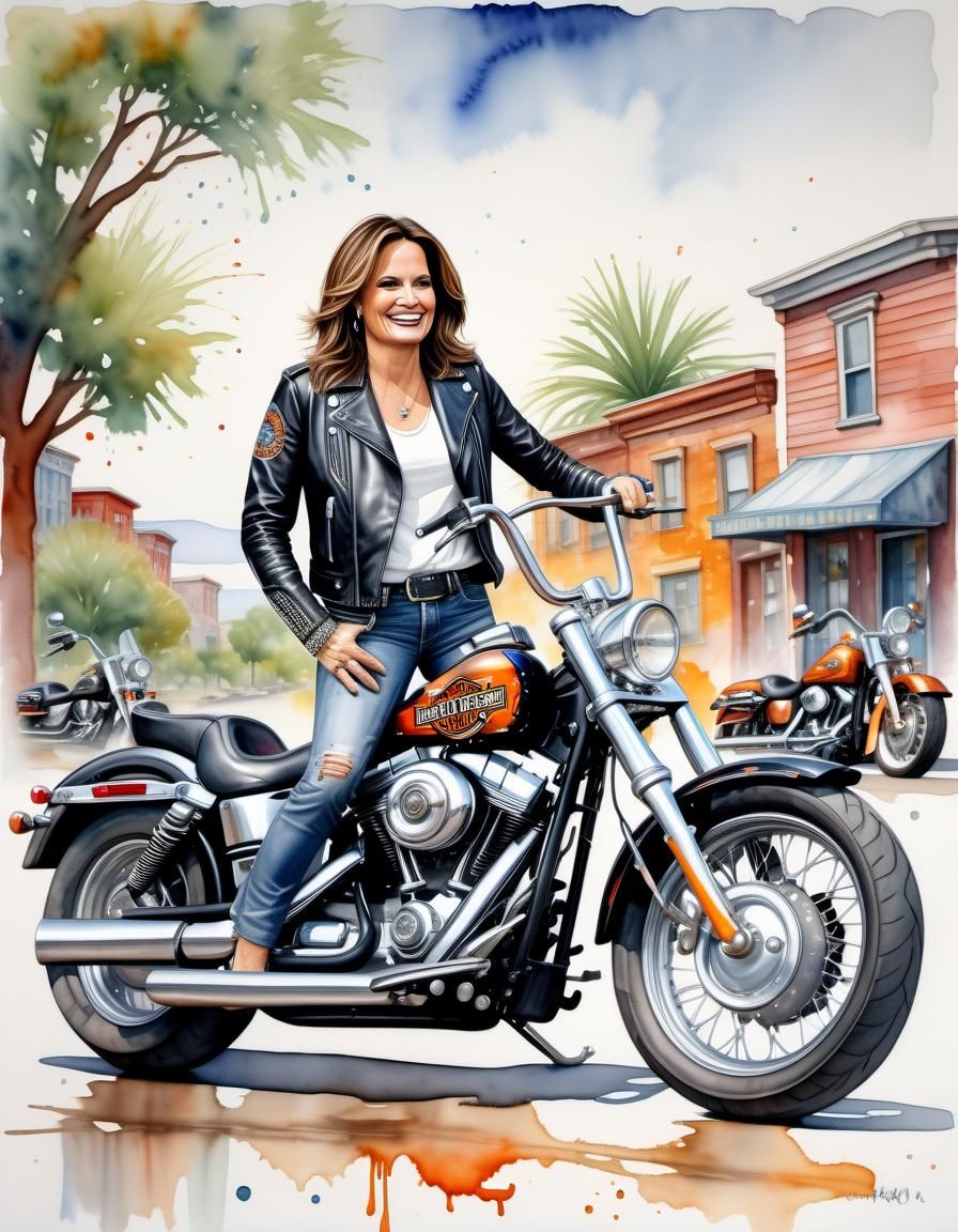 Cartoon Masterpiece of Woman on Motorcycle