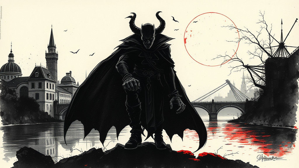 Steampunk Vampire Silhouette in Ink Painting Style