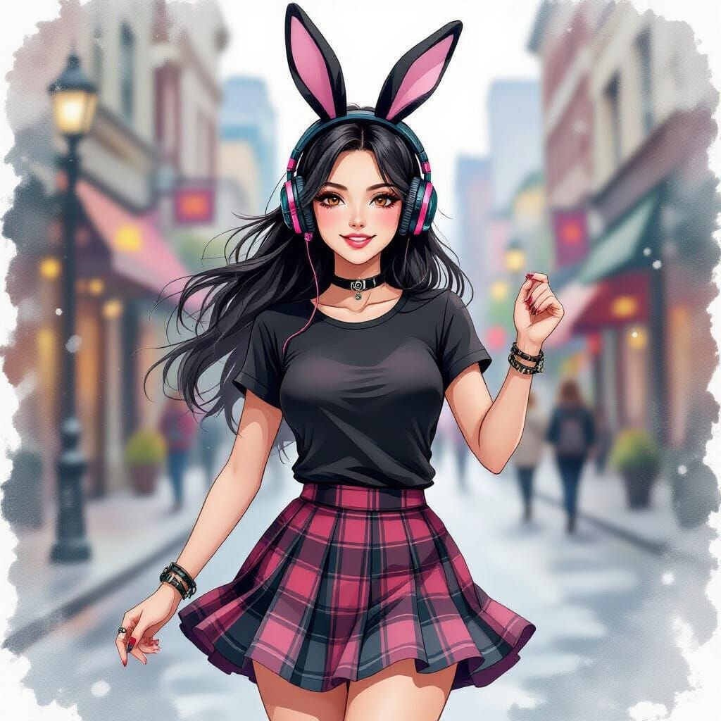Woman Dancing in Gothic Fashion with Rabbit Headphones