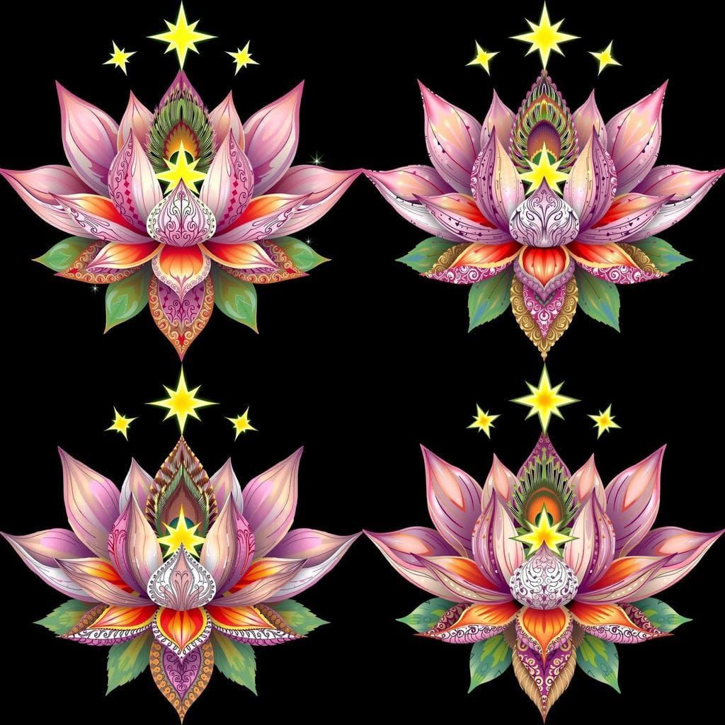 Lotus Flower Logo with Feathers and Stars