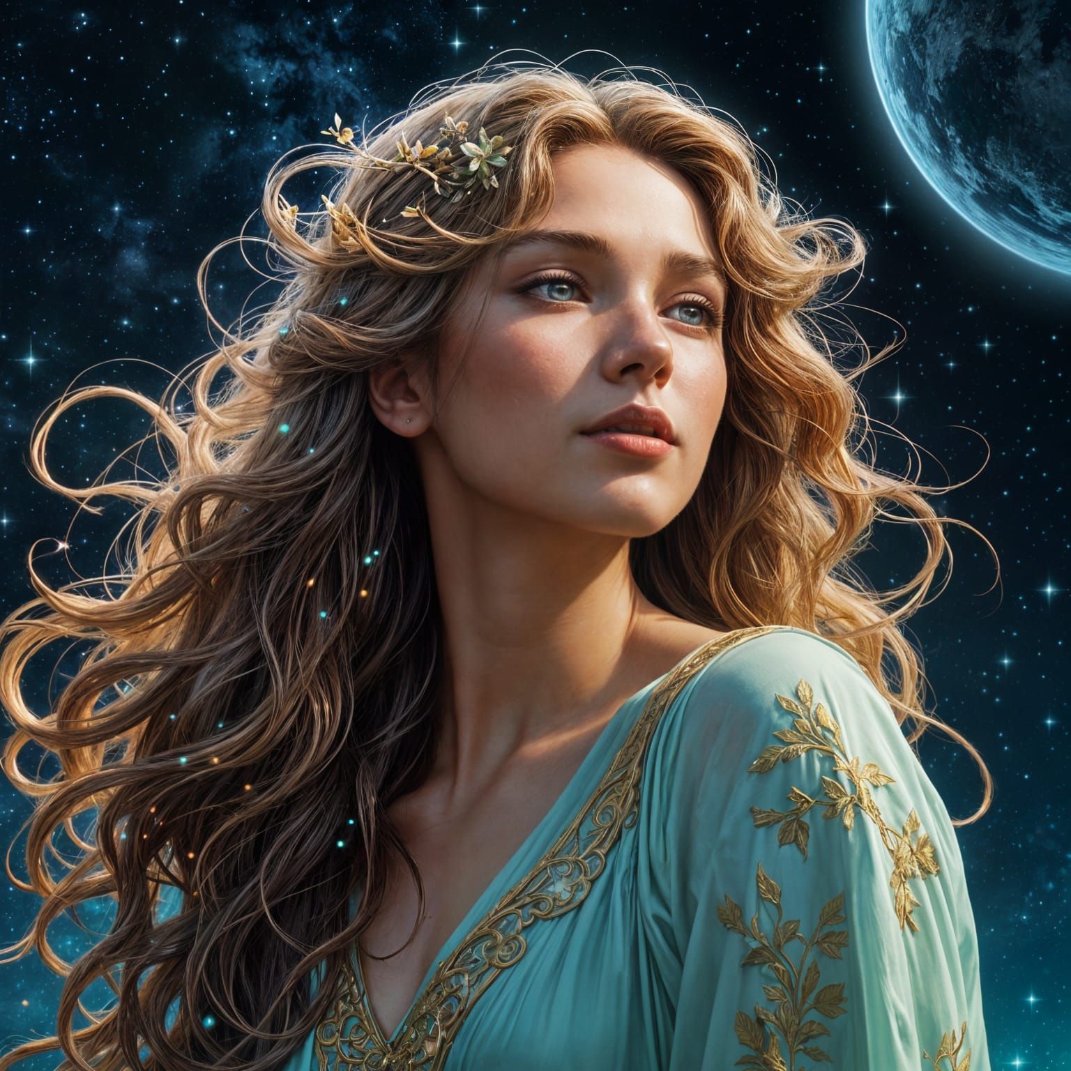 Ethereal Goddess on Floating Island in Art Nouveau Style