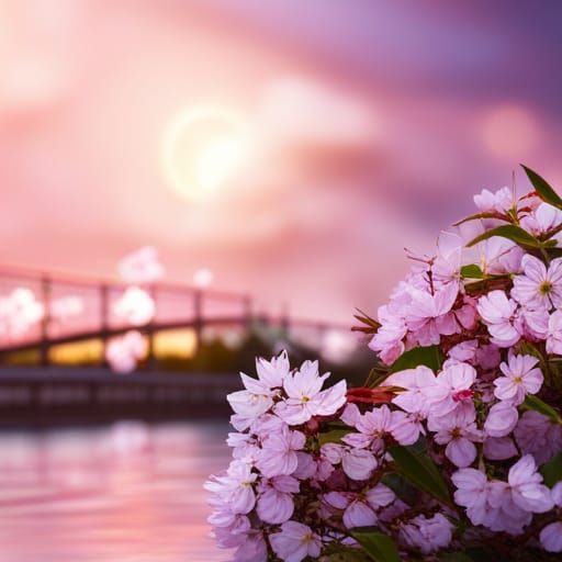 Cherry Blossoms and Bridge Under a Starry Sky