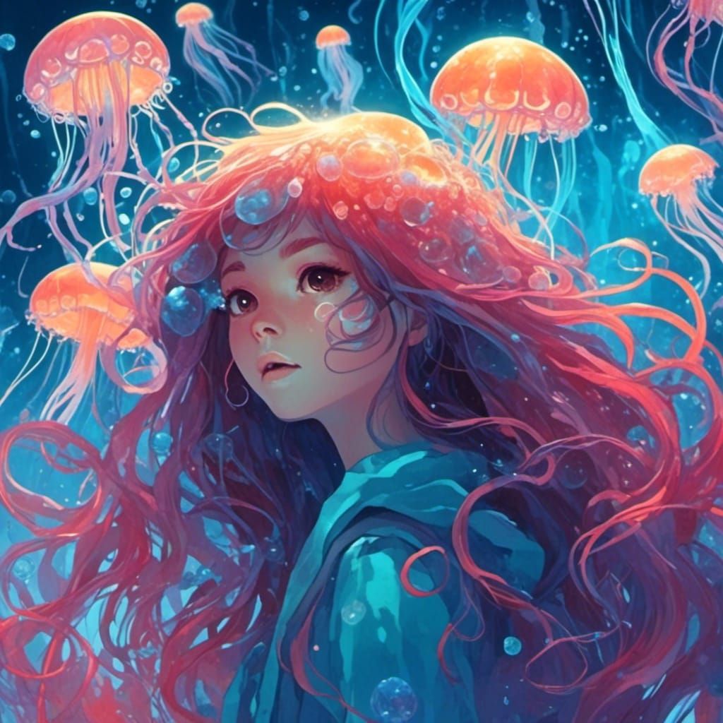 Girl with Bioluminescent Jellyfish Hair in Underwater Scene