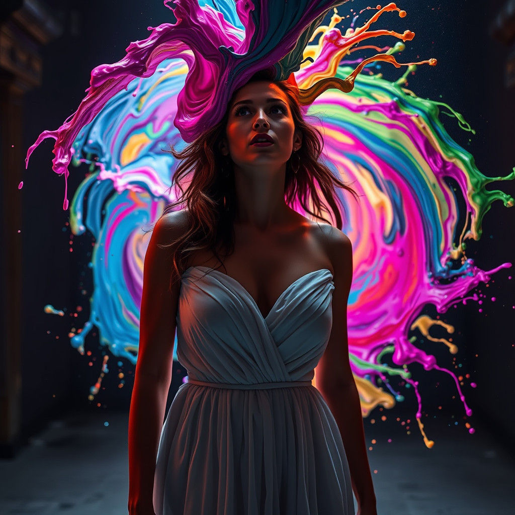 Woman Engulfed by Vibrant Paint Vortex