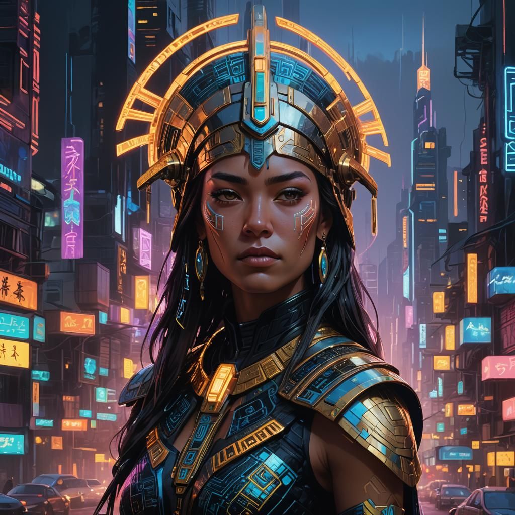Cyberpunk Incan Priestess in Neon Cityscape