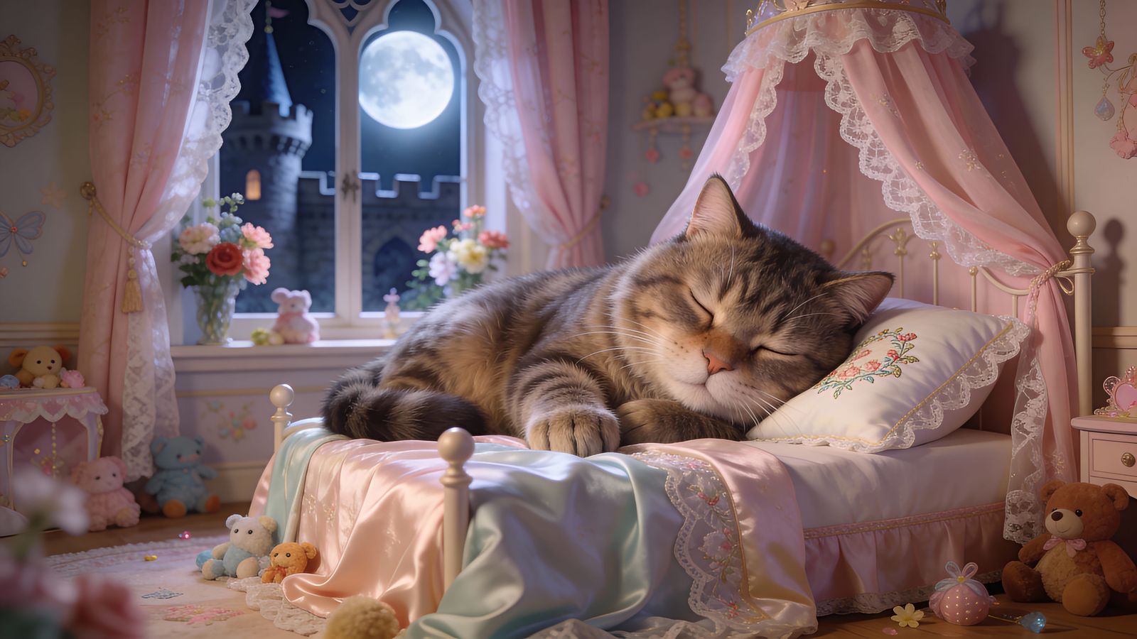 Giant Cat Sleeps Peacefully in Delicate Princess Bed